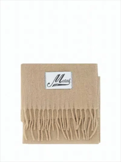 Marni Soft Rectangular Scarf With Fringed Edges And Logo Patch In Neutral