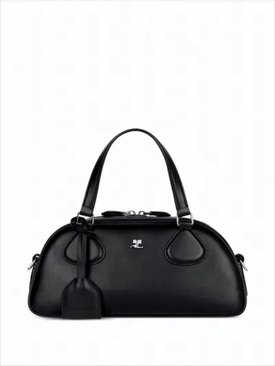 Courrèges Elongated Calf Leather Crossbody Bag With Adjustable Strap In Black