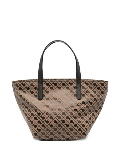 Gherardini Trapezoidal Beige Shopper Bag With Geometric Print In Brown