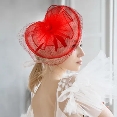 Fashnzfab Flower Feather Mesh Fascinator / Headband In Red