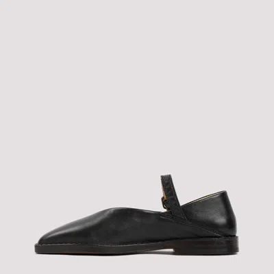 Lemaire Black Calf Leather Ballerina Shoes With Off-center Vamp In Black