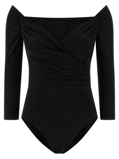 Norma Kamali Black Bodysuit With Sweetheart Neckline In Tech Fabric Stretch Woman In Black