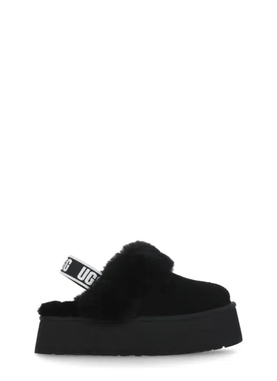 Ugg Black Leather Clog With Faux Fur And Elastic Back  In Black