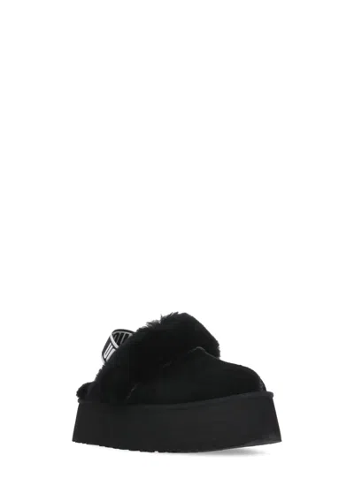 Ugg Black Leather Clog With Faux Fur And Elastic Back  In Black