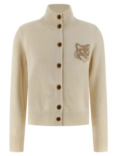 Maison Kitsuné Fox Head Intarsia Merino High Neck Cardigan Knitwear Beige In Neutral