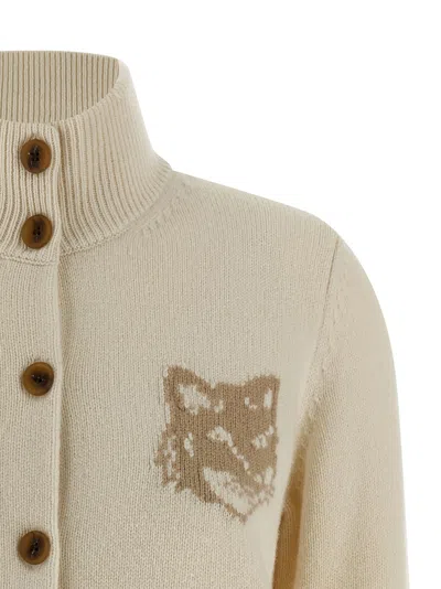 Maison Kitsuné Fox Head Intarsia Merino High Neck Cardigan Knitwear Beige In Neutral