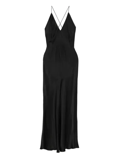 Anine Bing Black Satin Long Laurel Slip Dress With Crisscross Straps In Black