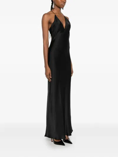 Anine Bing Black Satin Long Laurel Slip Dress With Crisscross Straps In Black