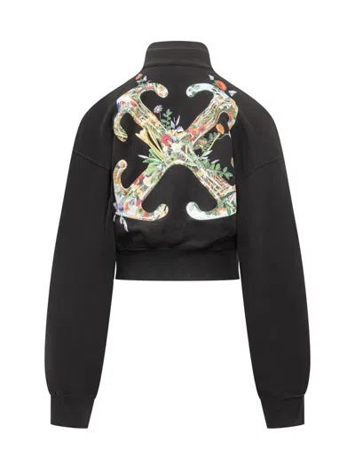 Off-white Floral Print Cropped Sweatshirt With High Collar In Black