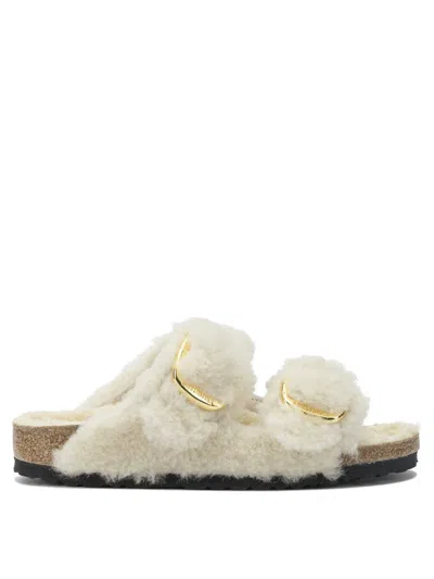 Birkenstock Teddy Fur Arizona Slippers With Gold Buckles In White