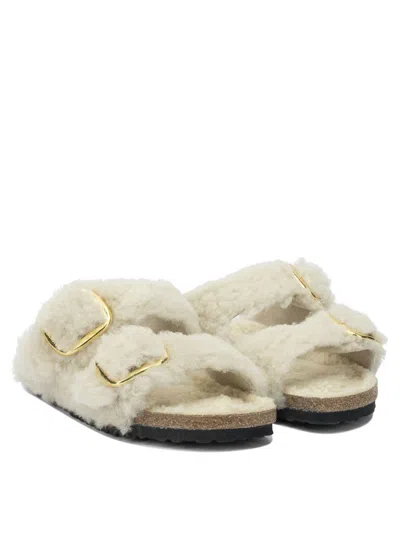 Birkenstock Teddy Fur Arizona Slippers With Gold Buckles In White