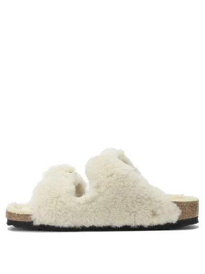 Birkenstock Teddy Fur Arizona Slippers With Gold Buckles In White