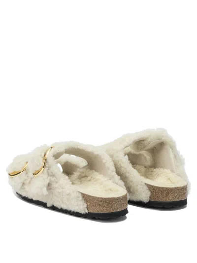 Birkenstock Teddy Fur Arizona Slippers With Gold Buckles In White
