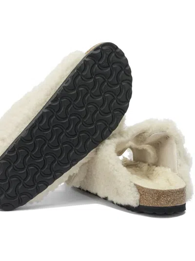 Birkenstock Teddy Fur Arizona Slippers With Gold Buckles In White