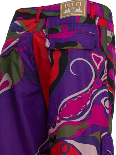 Pucci Cargo Pants With Orchidee Print Trousers Purple In Multi