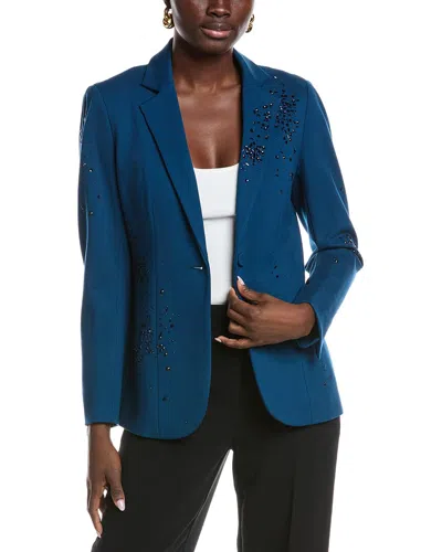Anne Klein Womens Embellished One Button Jacket Shirred Surplice Neck Sleeveless Top Embellished Mid Rise Capri In Blue