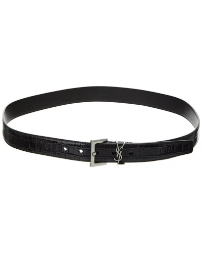 Saint Laurent Monogram Croc-embossed Leather Belt In Black