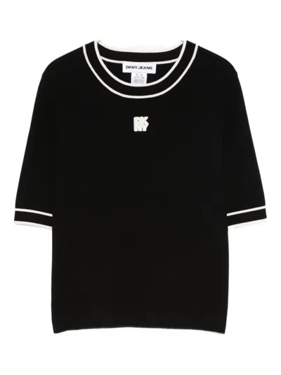 Dkny Logo-appliqué Striped-trim T-shirt In Black