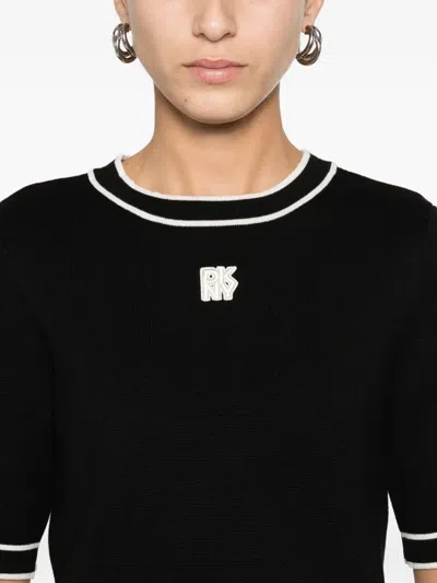 Dkny Logo-appliqué Striped-trim T-shirt In Black