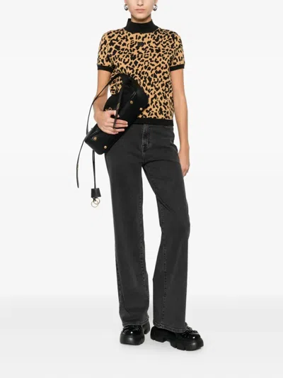 Dkny Logo-embroidered Animal-pattern T-shirt In Brown