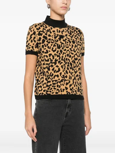 Dkny Logo-embroidered Animal-pattern T-shirt In Brown
