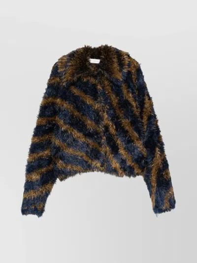 Dries Van Noten Striped Faux Fur Collared Cardigan Jacket In Brown