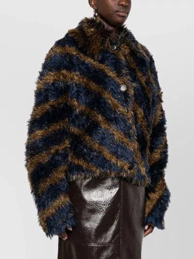 Dries Van Noten Striped Faux Fur Collared Cardigan Jacket In Brown