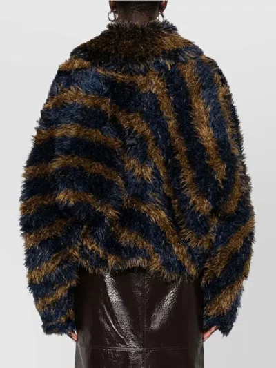 Dries Van Noten Striped Faux Fur Collared Cardigan Jacket In Brown