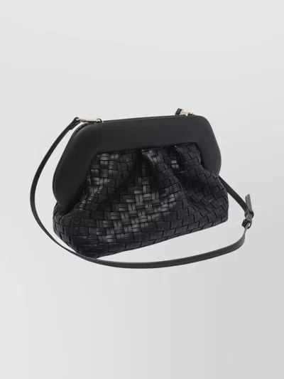 Themoirè Tia Black Clutch Bag With Woven Straw Motif And Shoulder Strap In Black