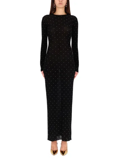 Rabanne Fitted Long Knit Dress With Round Neckline And Rhinestone Embellishments In Blue