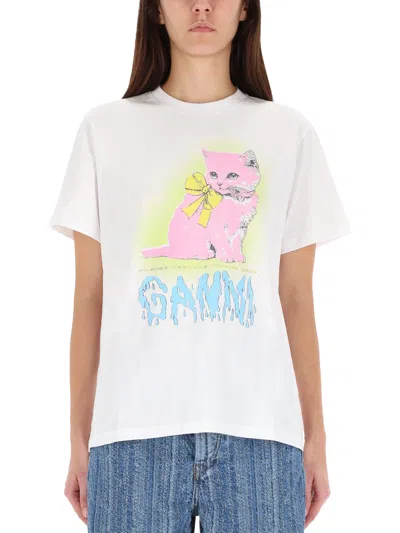 Ganni Neon Kitty Bright White T-shirt In White