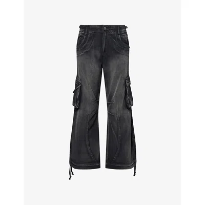 Jaded London Mens Sun Faded Trooper Cargo Wide-leg Denim Trousers Black In Black