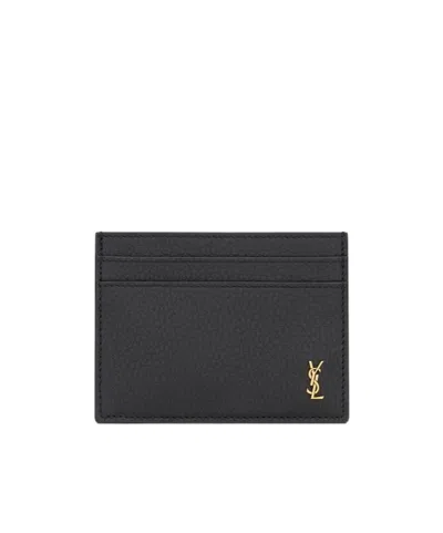 Saint Laurent Tiny Cassandre Card Case In Grained Leather In Brown