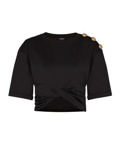 Balmain Knotted Short Sleeve Cropped Top In Black