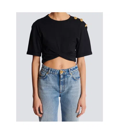 Balmain Knotted Short Sleeve Cropped Top In Black