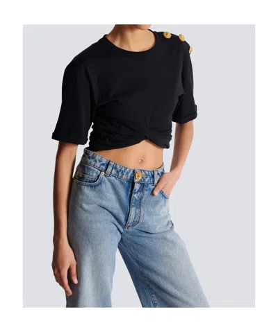 Balmain Knotted Short Sleeve Cropped Top In Black
