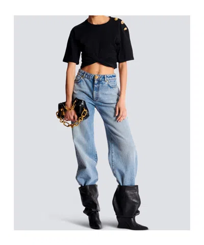 Balmain Knotted Short Sleeve Cropped Top In Black