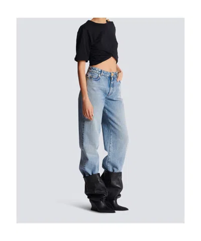 Balmain Knotted Short Sleeve Cropped Top In Black