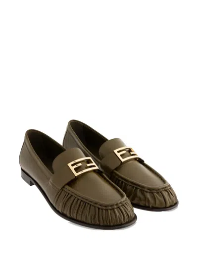 Fendi Ff Baguette Buckle Ruched Loafers In Green