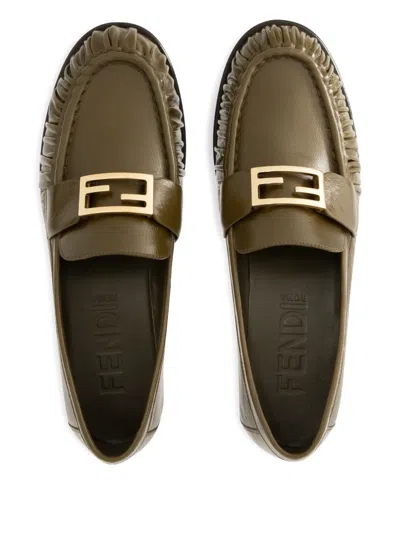 Fendi Ff Baguette Buckle Ruched Loafers In Green