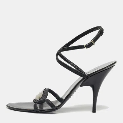 Pre-owned Fendi Black Leather Buckle Detail Ankle Strap Sandals Size 36.5
