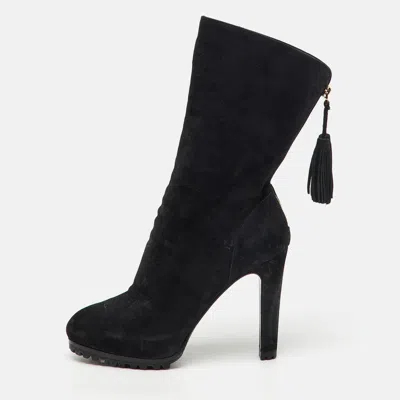 Pre-owned Saint Laurent Black Nubuck Leather Tassel Mid Calf Platform Boots Size 37.5