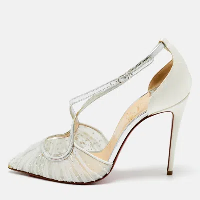 Pre-owned Christian Louboutin Beige/silver Lace And Satin Twistissima Pointed Toe Ankle Strap Sandals Size 36