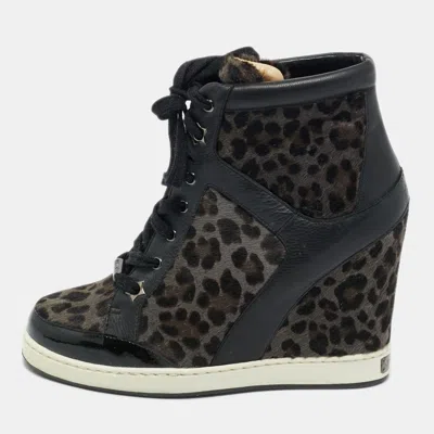 Pre-owned Jimmy Choo Brown/black Leopard Print Calf Hair And Leather Wedge Sneakers Size 37