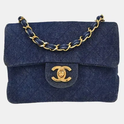 Pre-owned Chanel Indigo Denim Mini Classic Square Flap Shoulder Bag In Blue