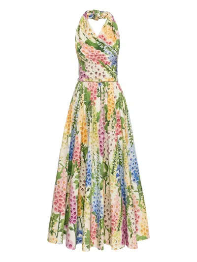 Oscar De La Renta Foxgloves Belted Floral-print Cotton-blend Poplin Midi Dress In Multi