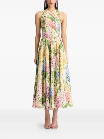 Oscar De La Renta Foxgloves Belted Floral-print Cotton-blend Poplin Midi Dress In Multi