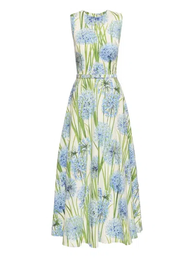 Oscar De La Renta Alliums Poplin Sleeveless Belted Midi Dress In Blue