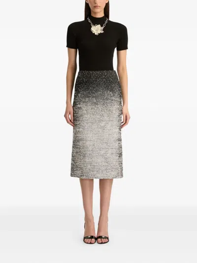 Oscar De La Renta Ombre Metallic Boucle Jacquard Midi Pencil Skirt In Silver