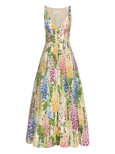 Oscar De La Renta Foxglove-print Pleated Poplin Zip-front Midi Dress In Multi